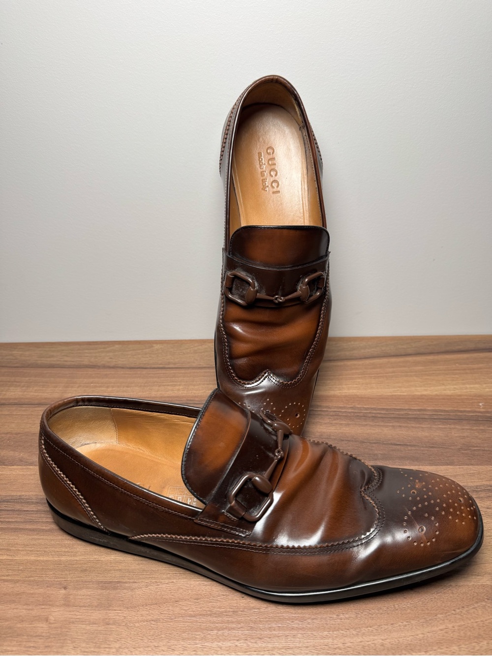 Gucci Wingtip Horsebit Loafers 10 Brown Patina Leather Slip On Shoes Italy - Picture 4 of 8